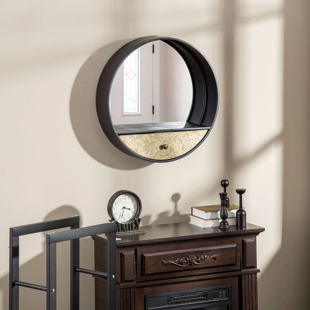 Specchio Decorativo Rotondo con Cornice e Cassetto ¨C Zephmum ¨C Nero Metallo MDF ?61cm