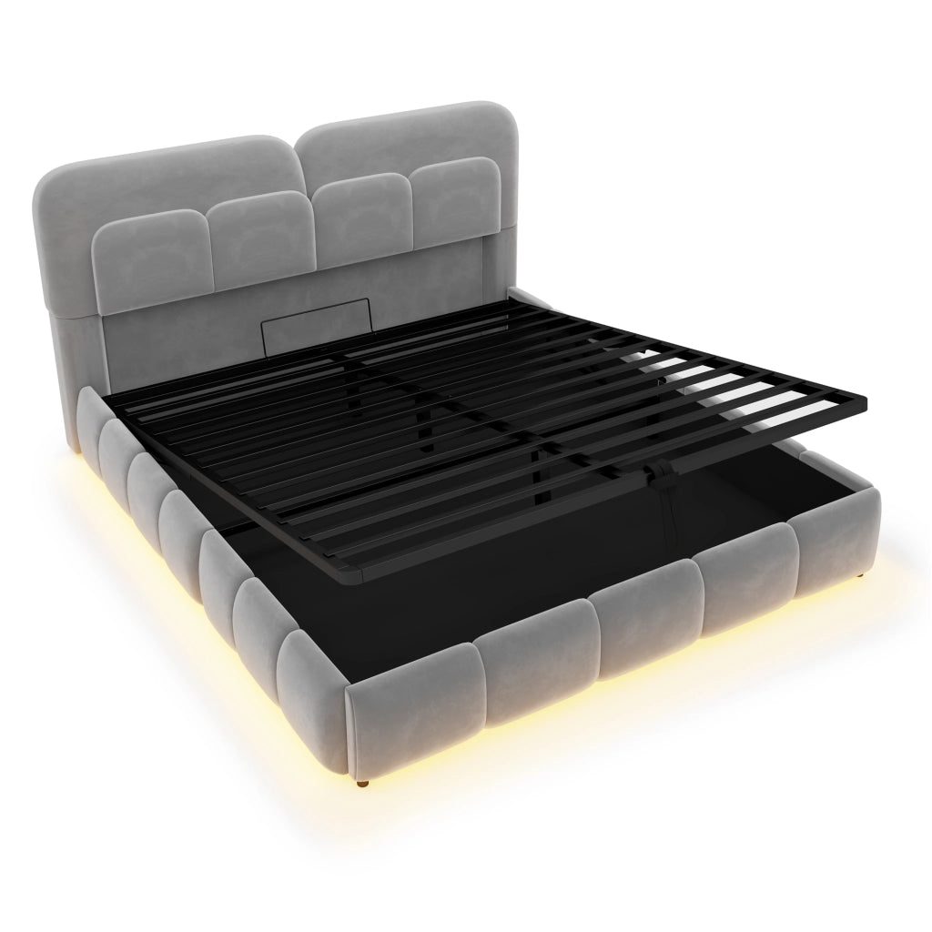 LETTO imbottito 140x200 cm in velluto grigio con contenitore idraulico e LED