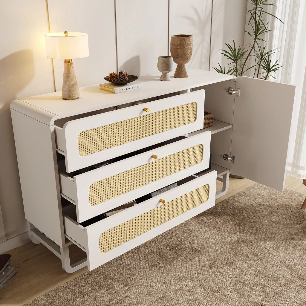 Credenza con 3 cassetti e anta con ripiani regolabili in MDF e metallo bianca per soggiorno 120 × 40 × 85 cm