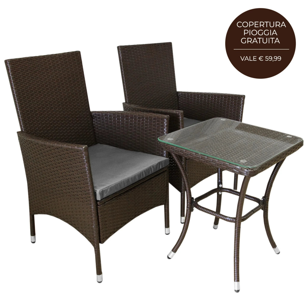 Set Salottino Bistro da Giardino 2 Sedie e Tavolo in Poly Rattan Vimini Marrone