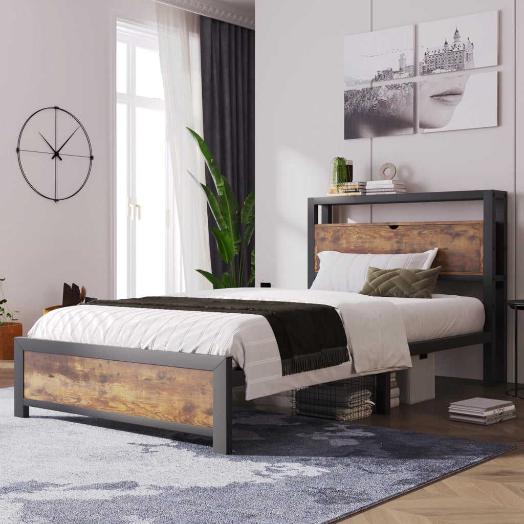 Letto singolo in metallo con testiera contenitore; doghe in metallo; nero; 90x200 cm; senza materasso