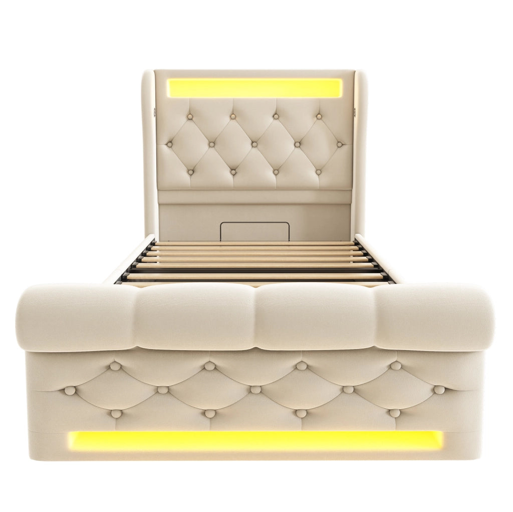 Letto imbottito con LED, ricarica USB e materasso incluso