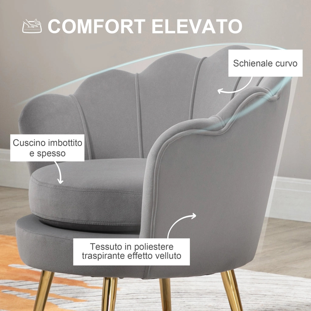 EasyComfort Poltrona a Conchiglia, Poltroncina Vintage, Poltroncina da Camera e Salotto, Design Elegante, con Schienale Alto, 76x67x74cm, Grigio