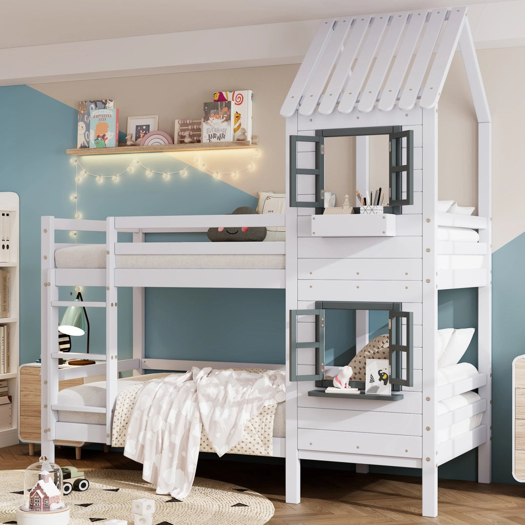 DESMIU Letto a castello bambino 90 × 200 cm con finestra, scala, sponde, senza materasso, legno, bianco