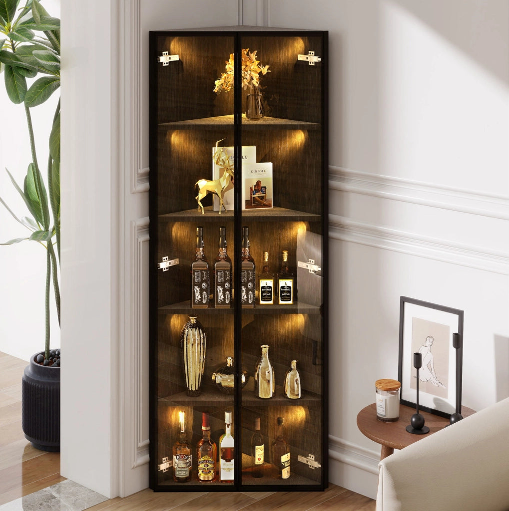 Vetrina angolare 62x35x160 cm con illuminazione LED integrata in MDF; vetro e alluminio nera