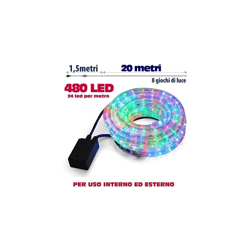 Trade Shop - Tubo Luminoso Natalizio 20 Metri Led Multicolor Controller 8 Funzioni X Esterno -