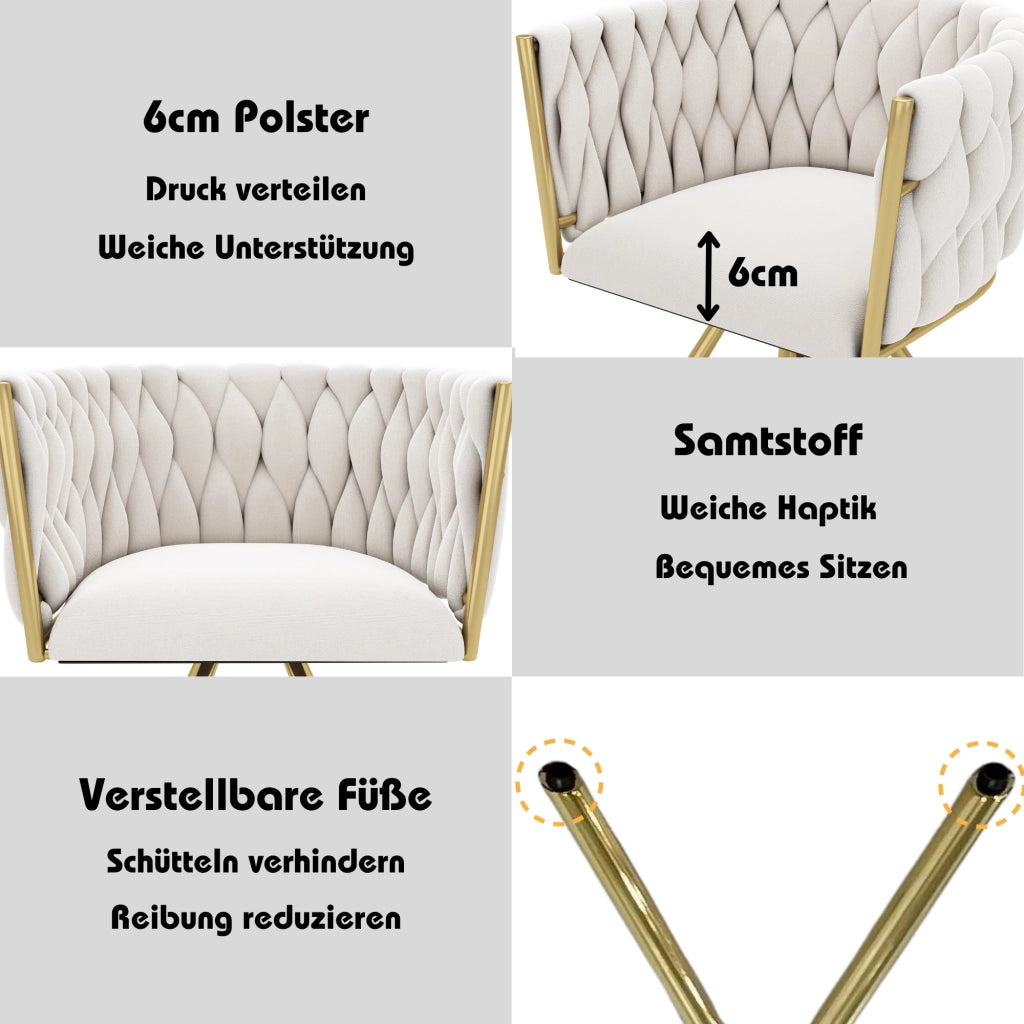 Sedia da sala da pranzo girevole in velluto set da 2 con schienale ergonomico e struttura in acciaio beige e oro