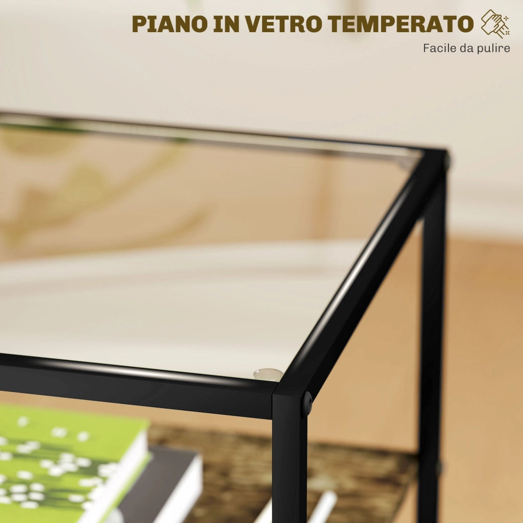 Set 2 Tavolini da Soggiorno a 3 Livelli in Legno e Metallo con Piano in Vetro Temperato, 37x40x55.5 cm, Marrone