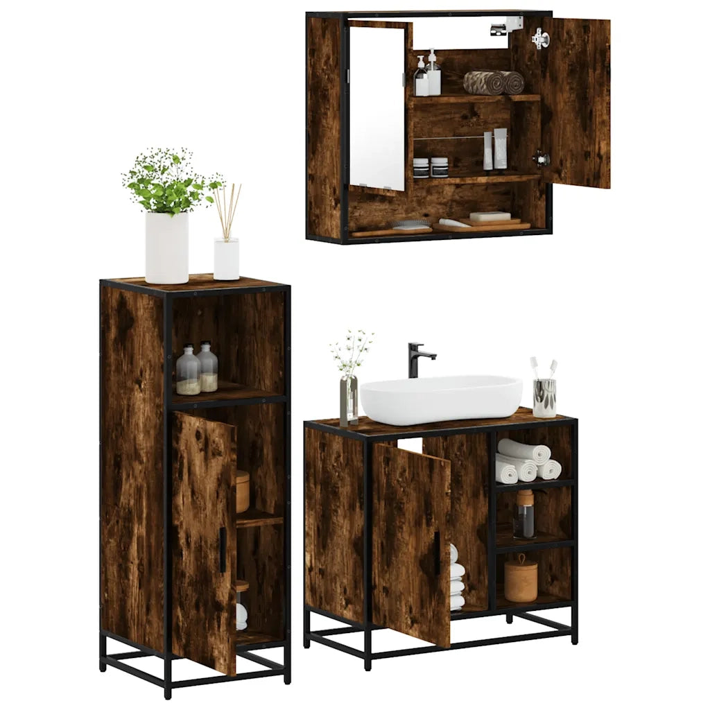 Set Mobili da Bagno 3 pz Rovere Fumo in Legno Multistrato 3300997