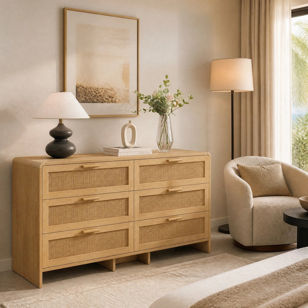 CASSETTIERA 130 cm in rattan naturale con 6 cassetti e angoli arrotondati
