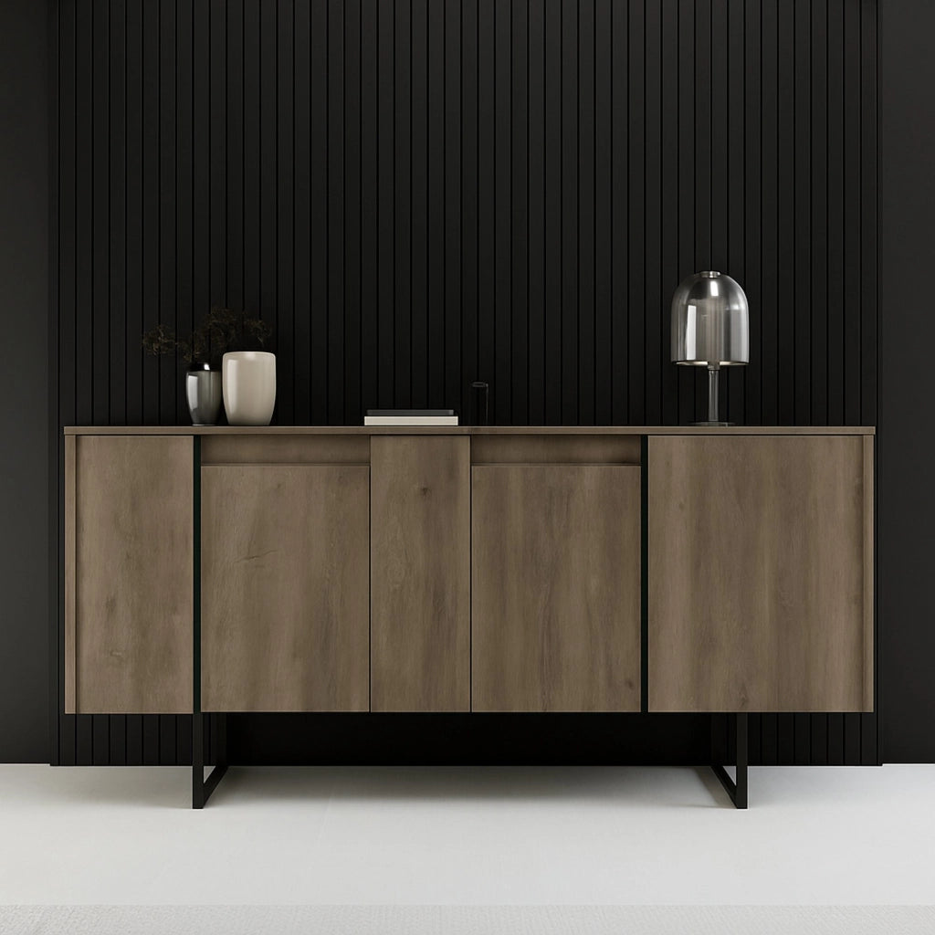 Credenza Arta, Buffet da soggiorno, Madia da salotto, Dispensa da cucina, 160x35h80 cm, Noce e Nero