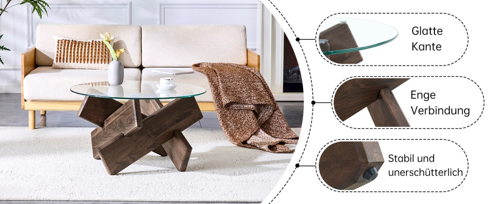 Tavolino rotondo in MDF e vetro multicolore opzionale: gambe di supporto in legno di noce scuro, semplici ed eleganti. Diametro 79 cm, piano in vetro