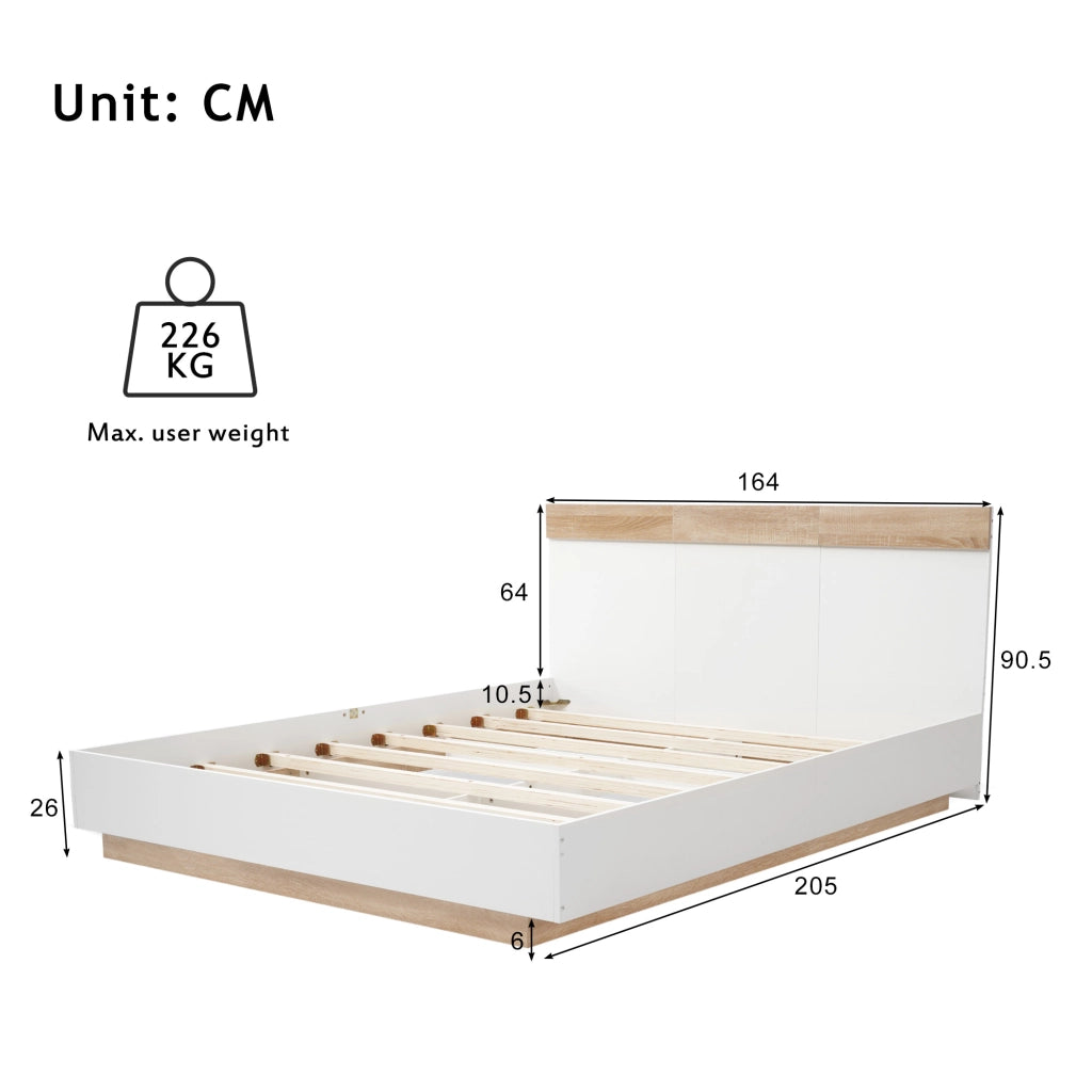 DESMIU Letto matrimoniale letto adulto 160 × 200 cm con testiera ed effetto sospeso, senza materasso, bianco rovere