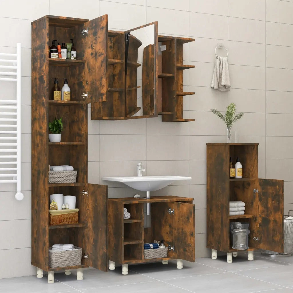Armadietto Bagno Rovere Fumo 30x30x95 cm in Legno Multistrato 815606