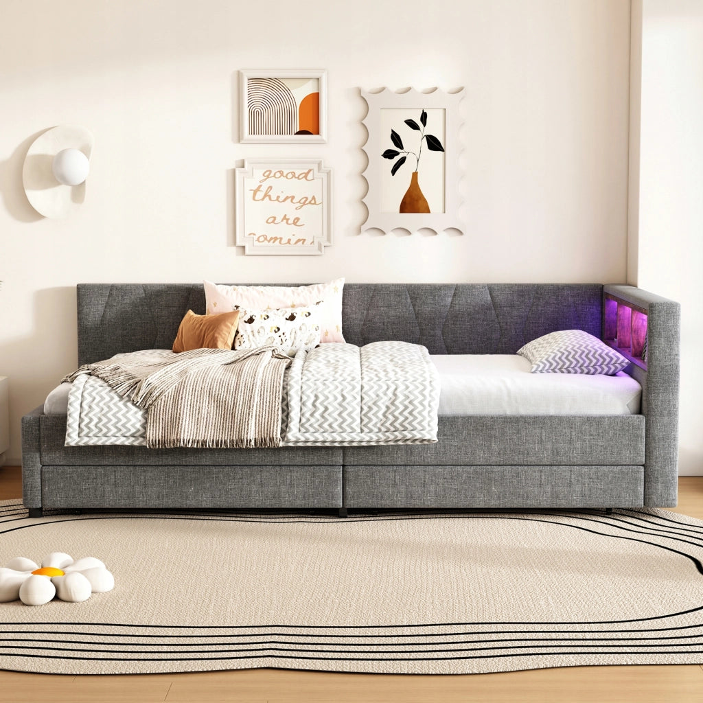 Letto singolo 90x200 - Xylo - Grigio con USB-C e LED