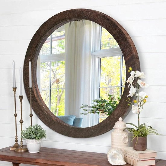Specchio Rotondo da Bagno e Camera con Cornice in Legno 40CM