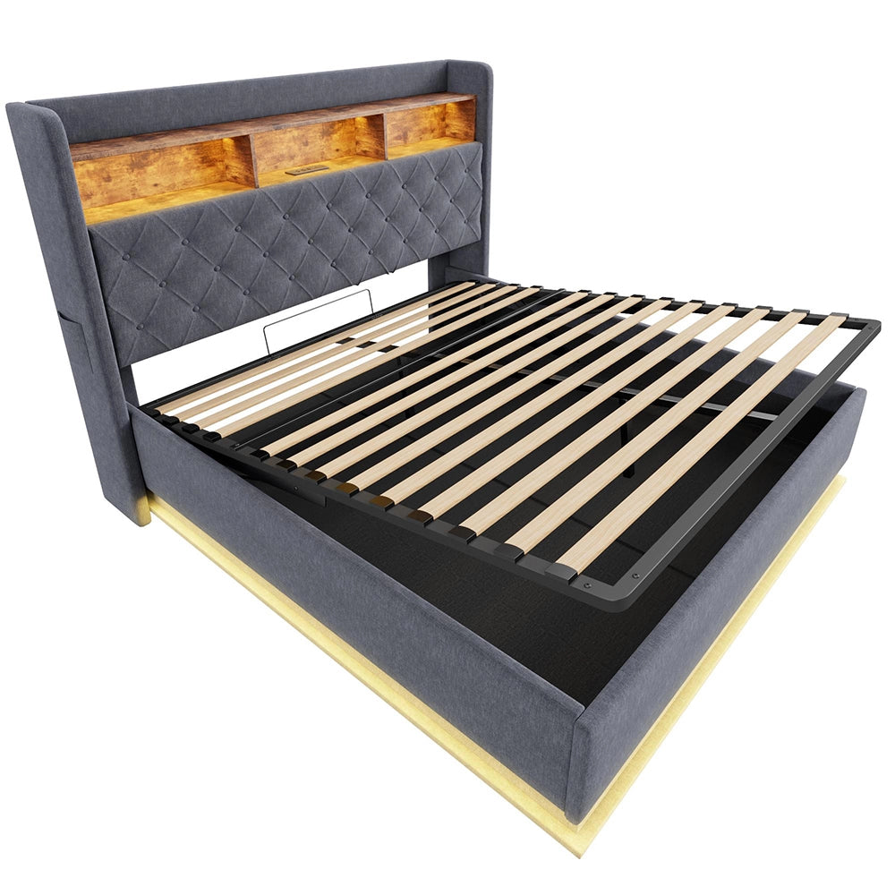 Letto matrimoniale-Xylo-160x200 cm-LED, USB, idraulico, lino, grigio