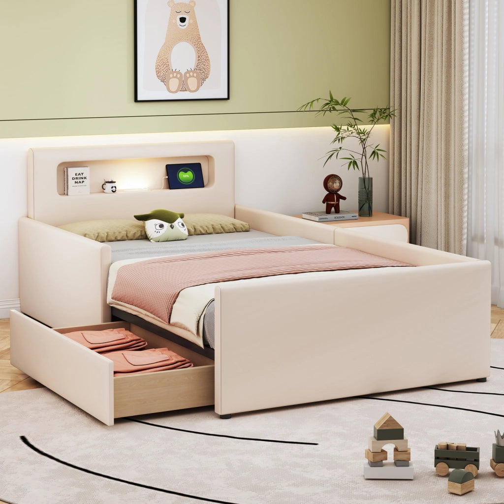 LETTO per bambini 90x200 cm beige in similpelle con USB, luce notturna e cassetti