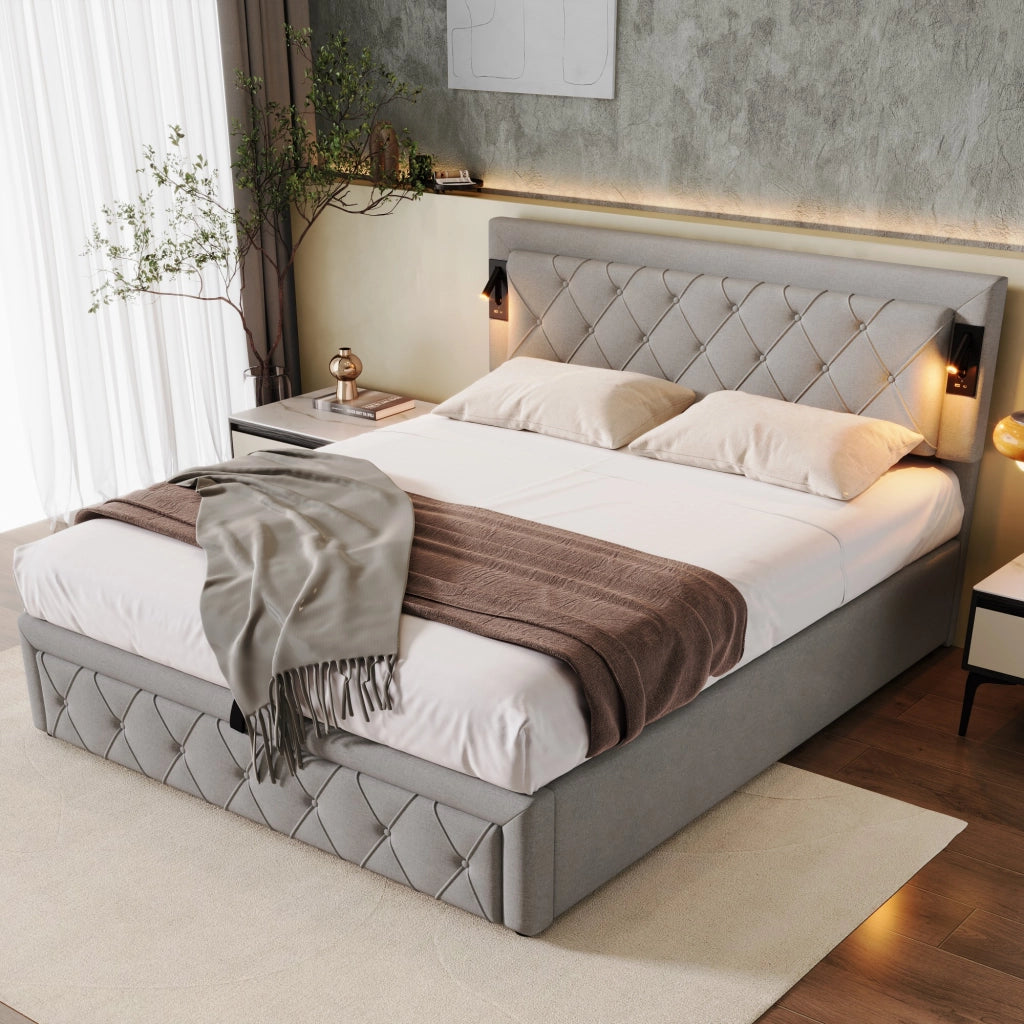 LETTO imbottito 160x200 cm in lino grigio con downlight e porte USB