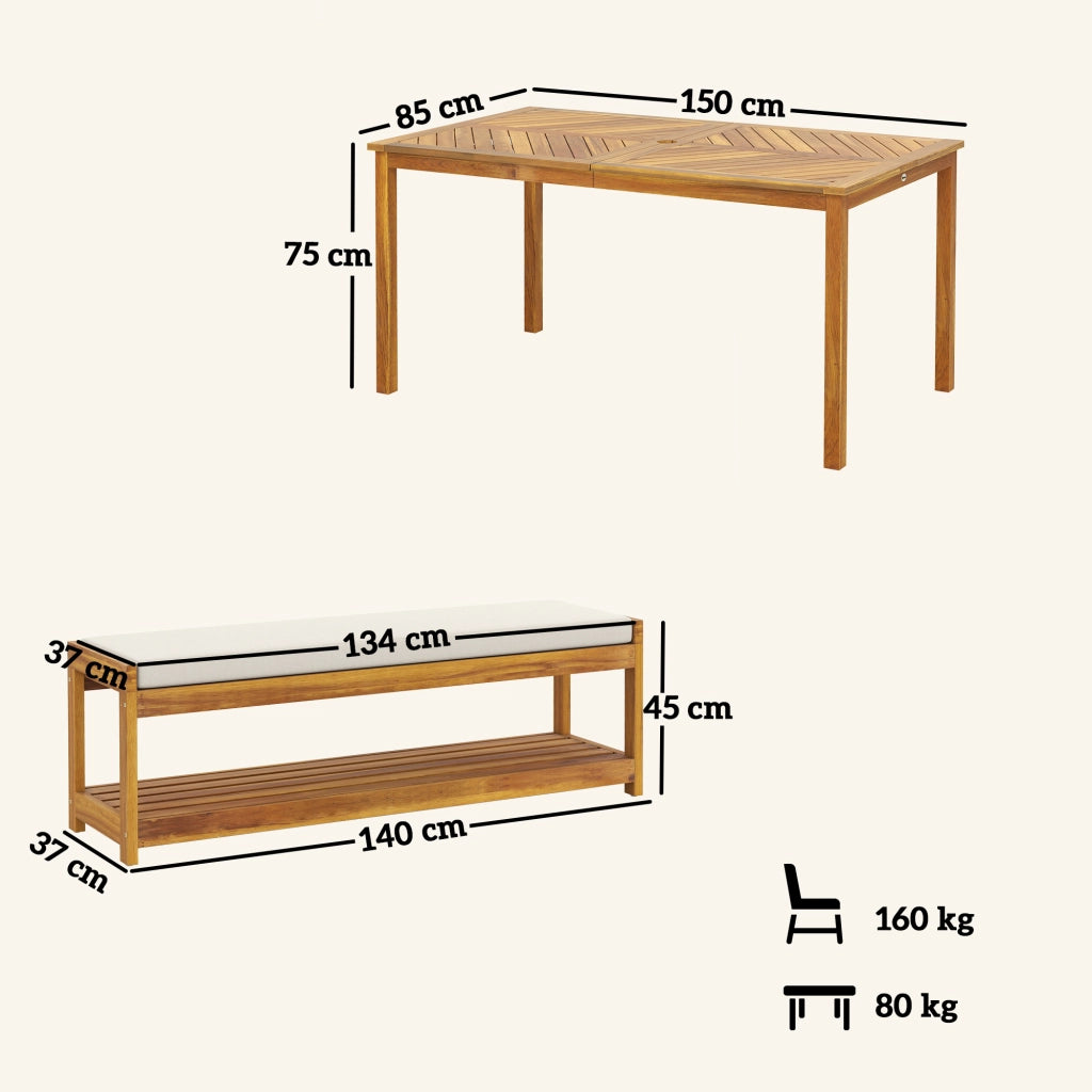 Set da giardino a 3 pezzi: tavolo da pranzo (foro per ombrello) + 2 panche; 150x85x75 cm; teak