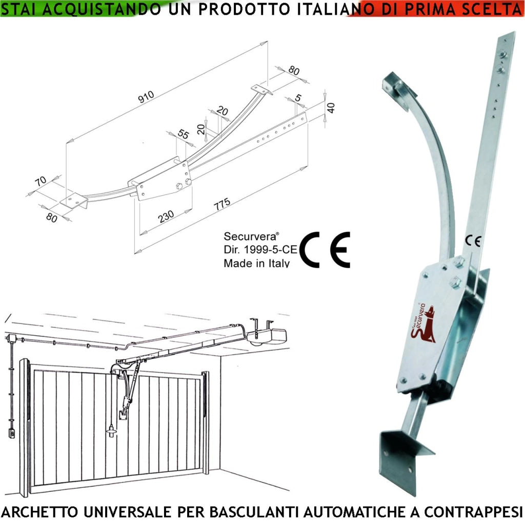 Archetto Oscillante Braccio Adattatore Porte Basculanti a Contrappesi di Qualsiasi Tipo e Marca in Acciaio Zincato Sopporta Fino a 200 Kg Evita Oscillazioni e Flessioni Laterali Dimensioni L910XS80 mm