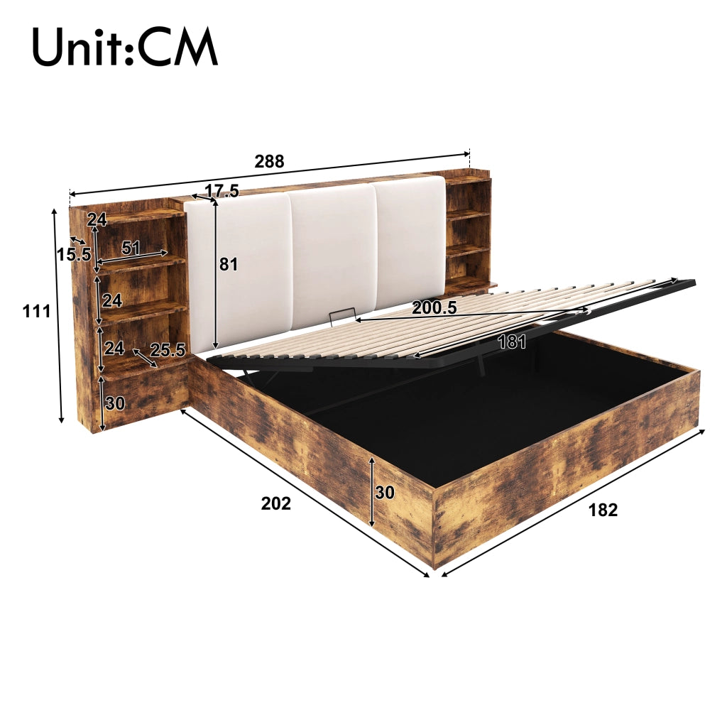 DESMIU Lit coffre 180 × 200 cm 2 posti con LED, 6 vani, testiera imbottita, senza materasso, marrone