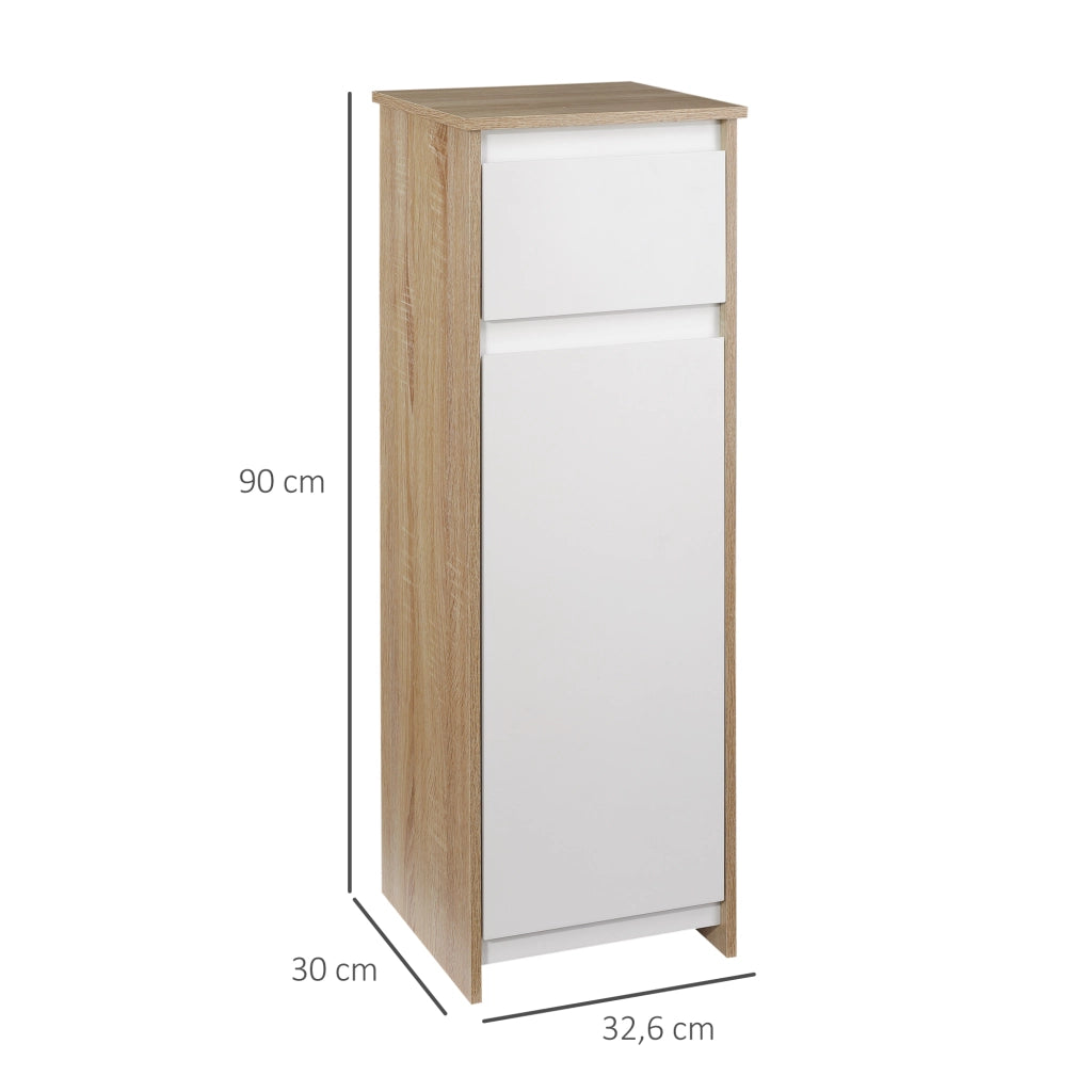Armadietto Bagno con Cassetto e Anta ¨C Zephmum ¨C 32.6x30x90 cm Bianco e Naturale