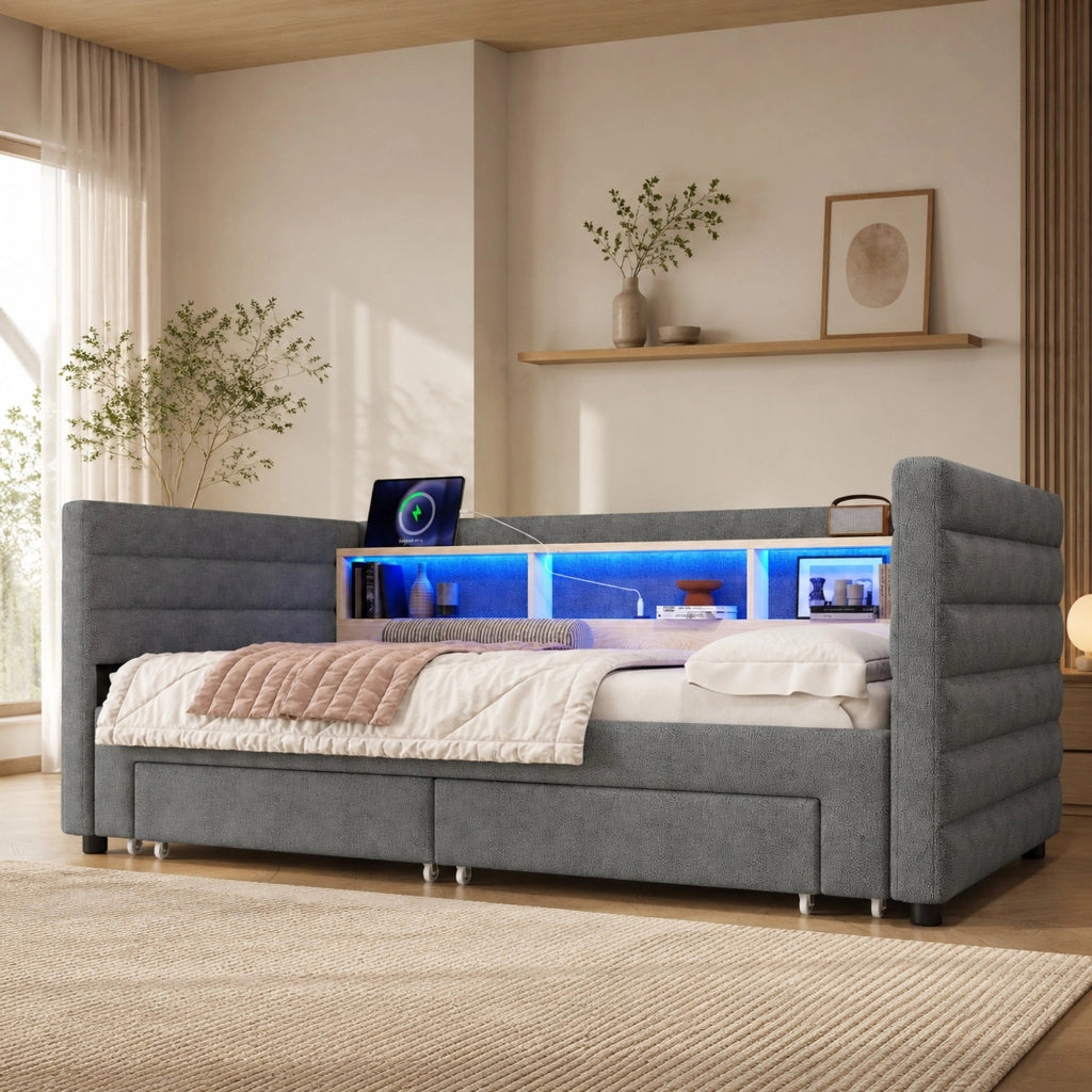 LETTO estraibile 90x190 cm in velluto grigio con LED, 2 cassetti e USB/Type-C