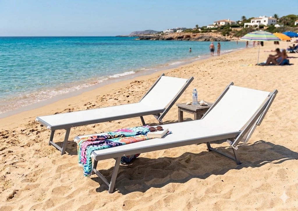 Coppia Lettino Prendisole Pieghevole crema Sdraio Alluminio con Parasole Mare Giardino Piscina Tessuto Traspirante