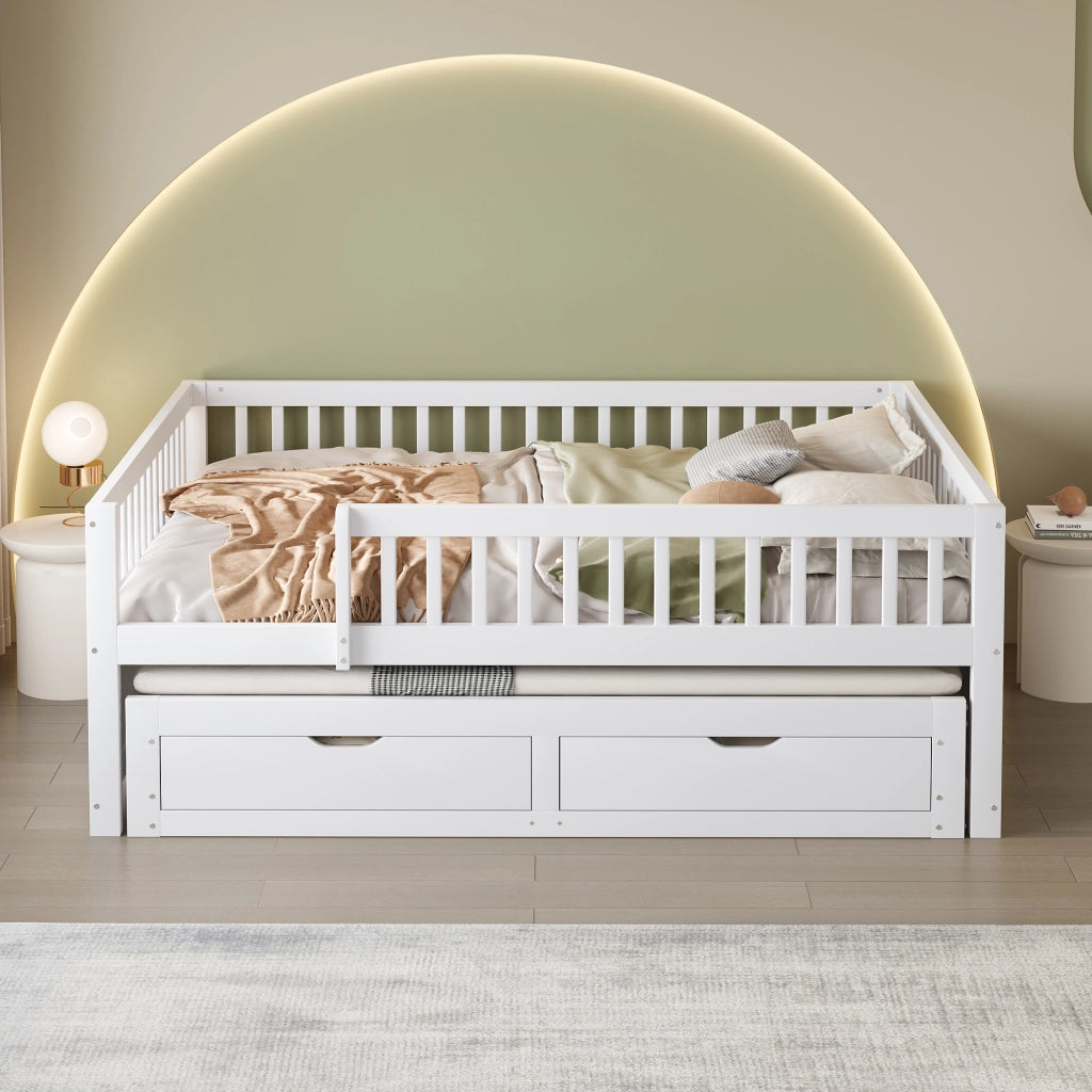 DESMIU Letto 140 × 200 cm con letto estraibile, 2 cassetti, senza materasso, in legno, bianco