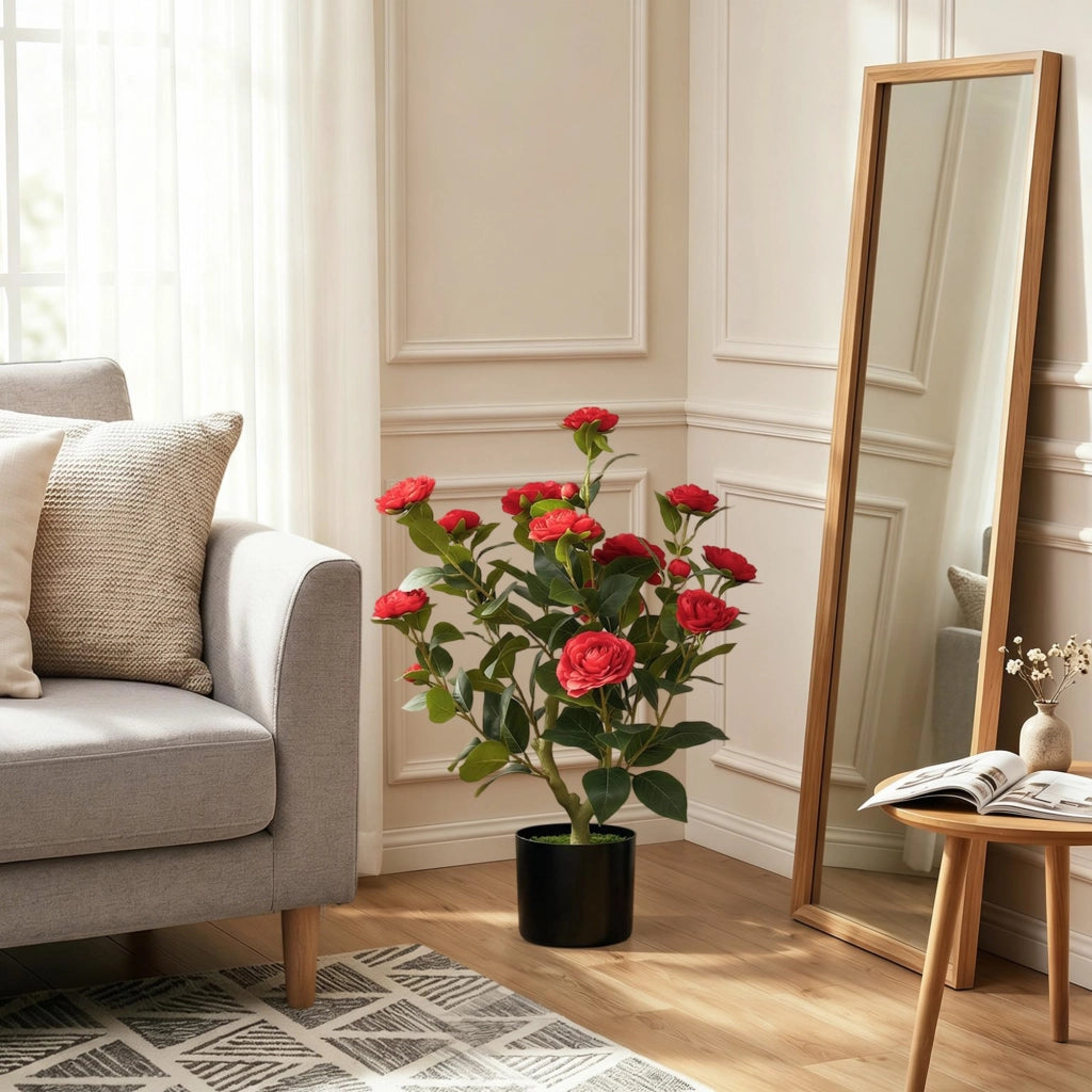 Planta Artificiale Camelia in Vaso con Fiori ¨C Minimal ¨C 65 cm, Effetto Muschio Rosso