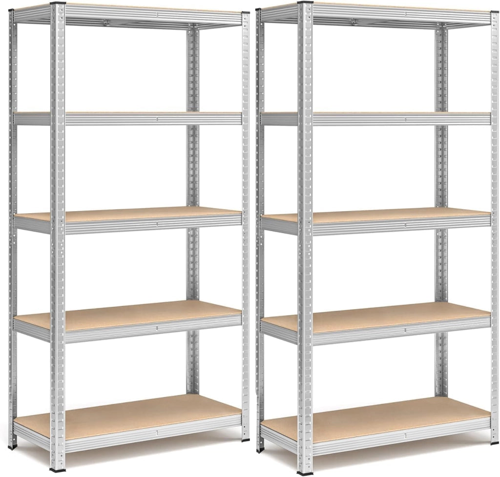 Set di 2 Scaffali per Carichi Pesanti, Scaffalature a 5 Ripiani in Acciaio e ripiani in legno, Senza Viti, in Garage, Portante 750 kg, 40 x 90 x 180 cm (TOTALE 40P X 180L X180A)