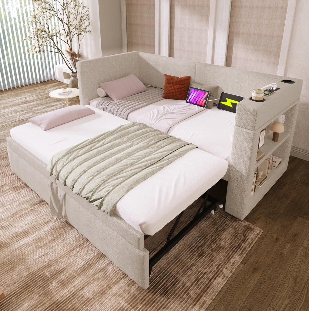Divano letto con letto estraibile 90x200 cm; cotone e lino beige; USB e Type-C