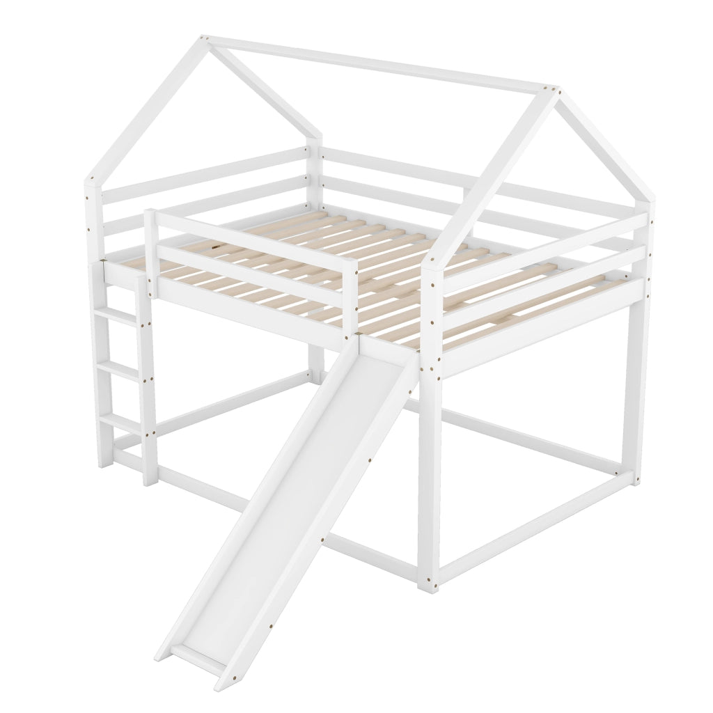 Letto a castello a casetta con scivolo e scala; doghe incluse; pino massello e MDF; bianco; 140x200 cm