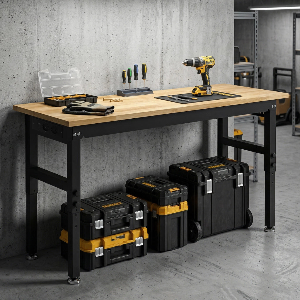 Banco da Lavoro Regolabile ¨C Xylo ¨C Legno e Acciaio, 2 Prese AC, 900 kg