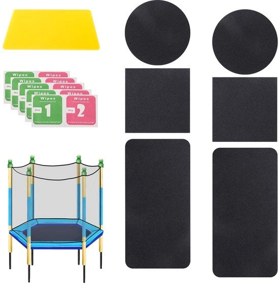 Kit di riparazione per trampolino 6 pezzi - Adesivi autoadesivi - Punti rotondi/quadrati/rettangolari - Incluso graffio - Materiale TPE - Nero - Adesivi per trampolino
