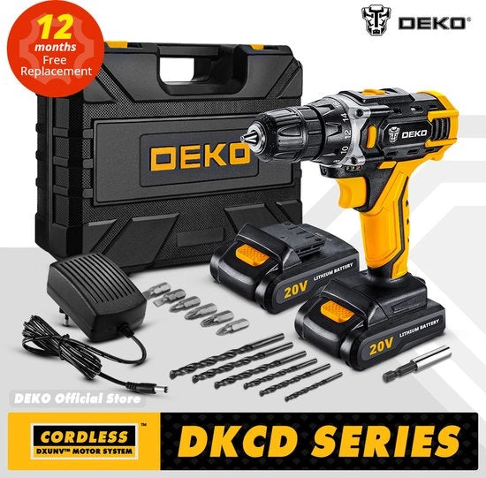 Drill a Batteria a Ion di Litio 20V - Serie DKCD - Potenza Trasmessa Senza Cavo - Cassetto Porta Accessori - Colorazione Gialla - Kit di Trasporto -