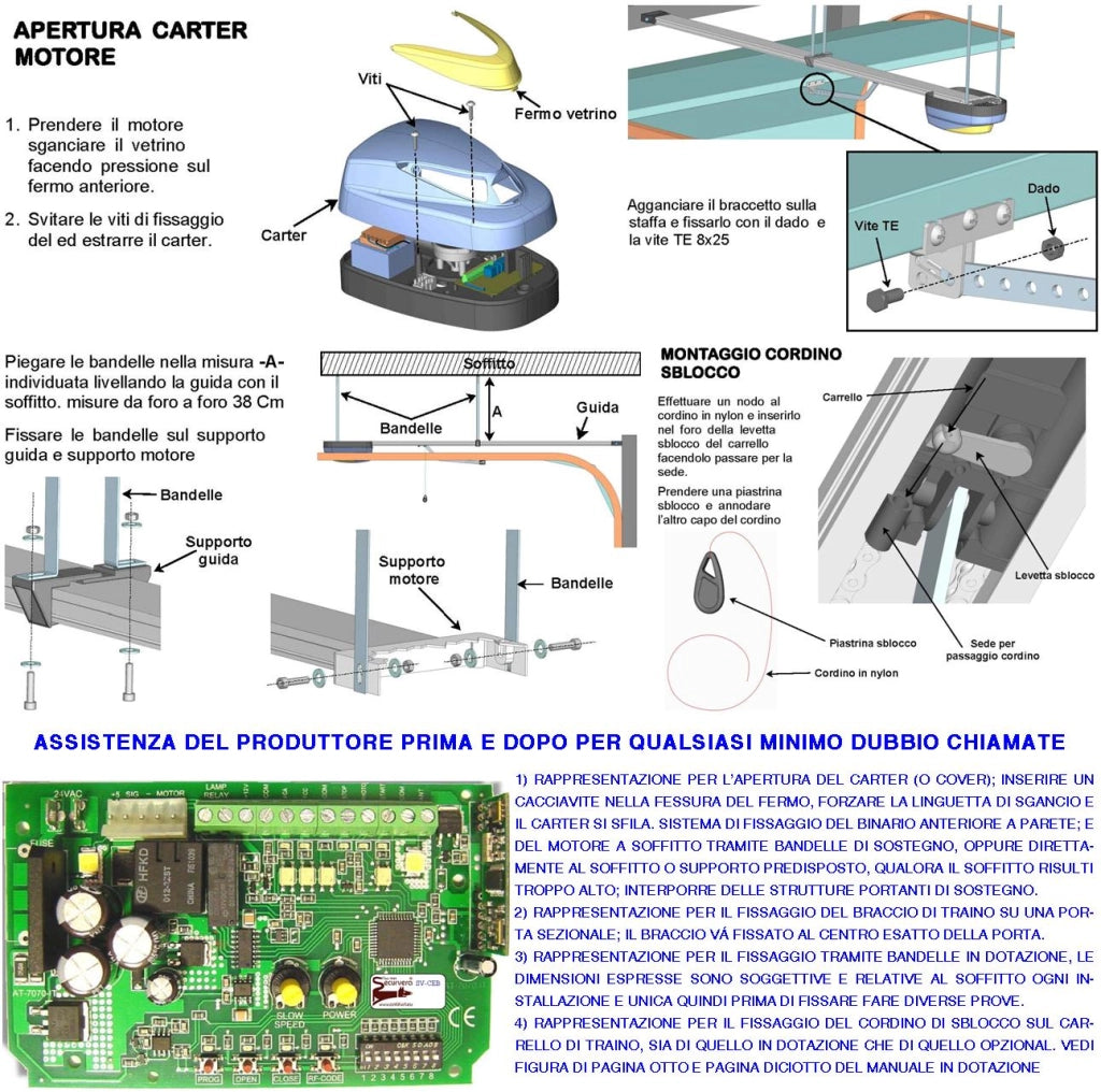 Kit Automazione Motore 220/24 V da Soffitto per Porta Basculante 70 Kg Faro Antenna Binario Alluminio Catena Acciaio 3 Metri Cordino Sblocco Pattino 2 Radiocomandi Archetto Oscillante Luce di Cortesia