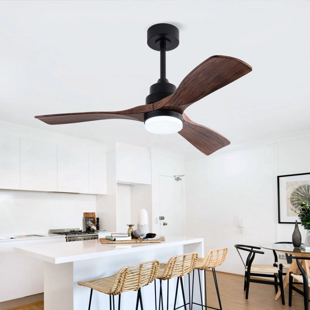 Ventilatore da soffitto a 3 pale con luce led e telecomando in abs nero e noce scuro