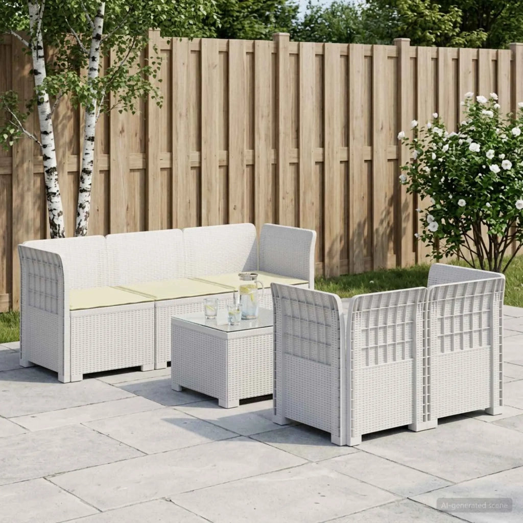 Divano da Giardino 5 Posti con Cuscini Stile Rattan PP Bianco 3443898