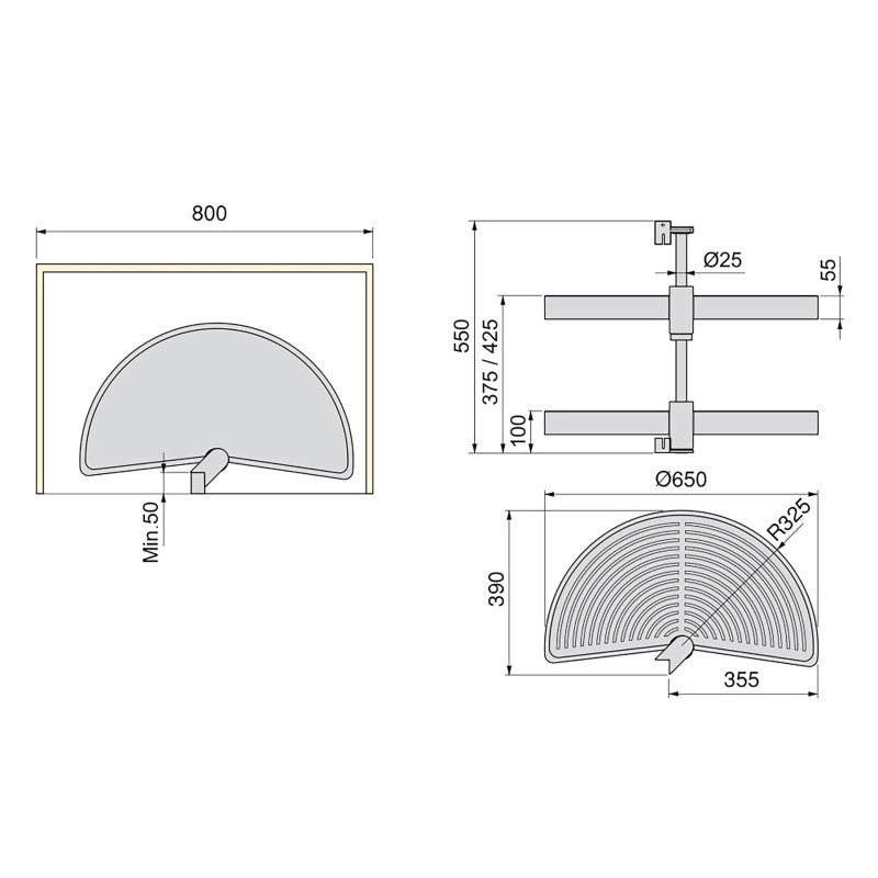 Set di piatti girevoli 3/4 Shelvo, per modulo da 800 mm, Tecnoplastica e Alluminio, Bianca