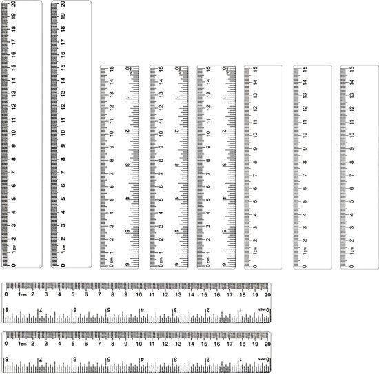 Set di Linea per Misurazioni - 10 Pezzi - Design a Doppia Scala - Linea 15 cm / 20 cm - Linea di Misura Transparente - Materiale Resistente in Plastica - Misuratore