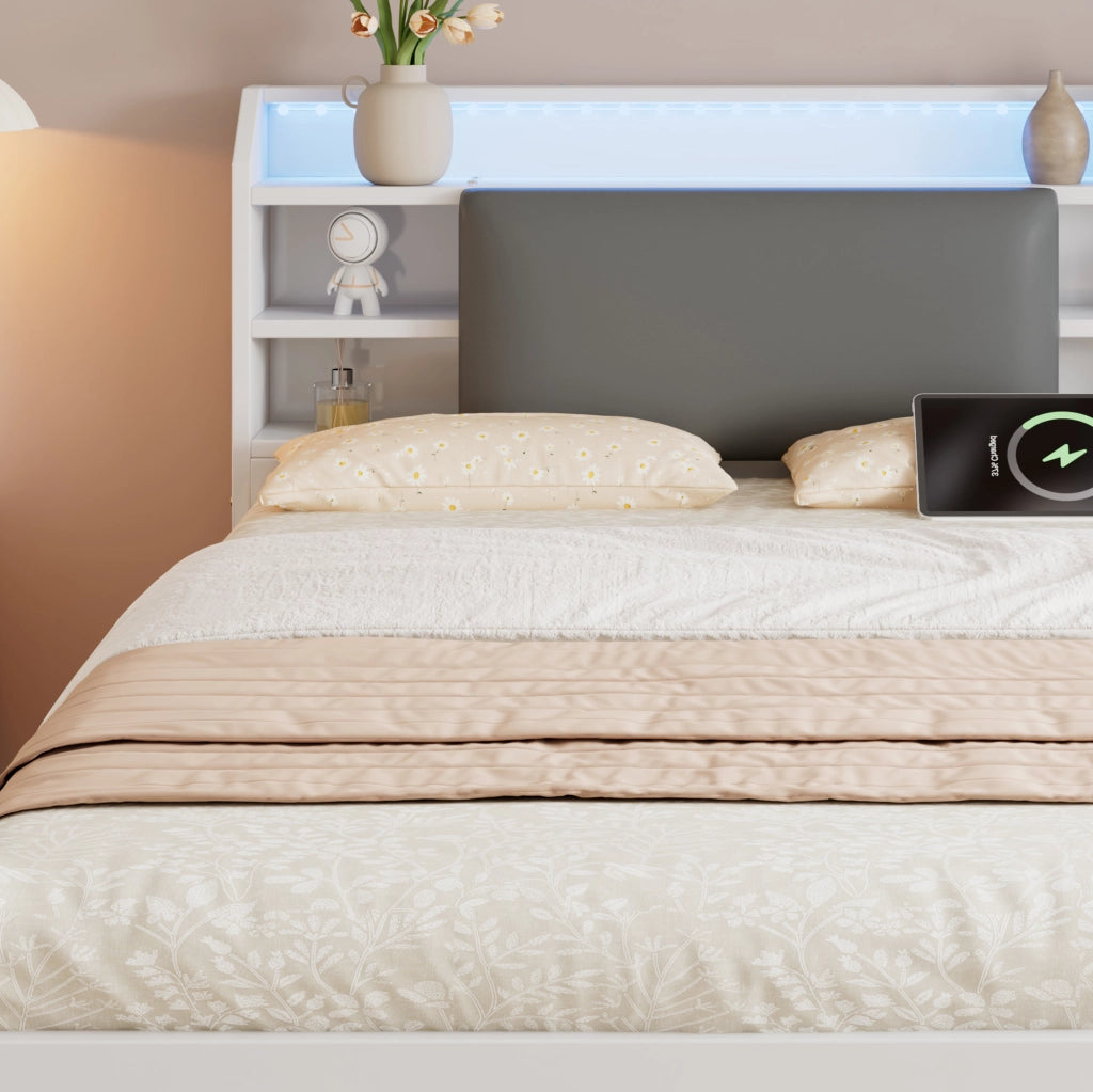 DESMIU Lit simple 120 × 200 cm con letto estraibile 90 × 190 cm, LED, ripiano e ricarica, senza materasso, bianco