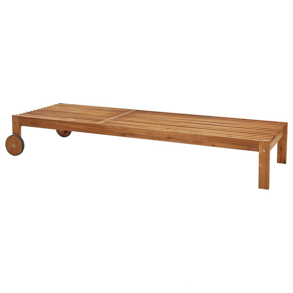 Lettino da giardino in legno di acacia chiaro con schienale regolabile e rotelle incorporate Stile rustico moderno