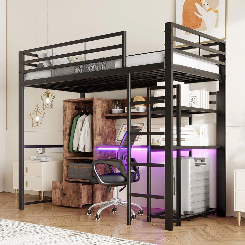 Letto a Soppalco con Scrivania e LED ¨C MINIMAL ¨C Metallo Nero 90x200, Cassetti, Rete a Doghe