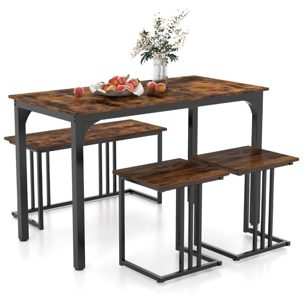 Set di tavolo da pranzo da 4 pezzi per 4 persone, Tavolo da cucina con panca e 2 sgabelli con struttura in metallo Marrone