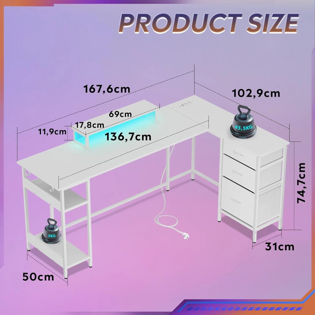 Scrivania angolare in legno con cassetti e prese USB ¨C Minimal ¨C Bianco 168x103 cm