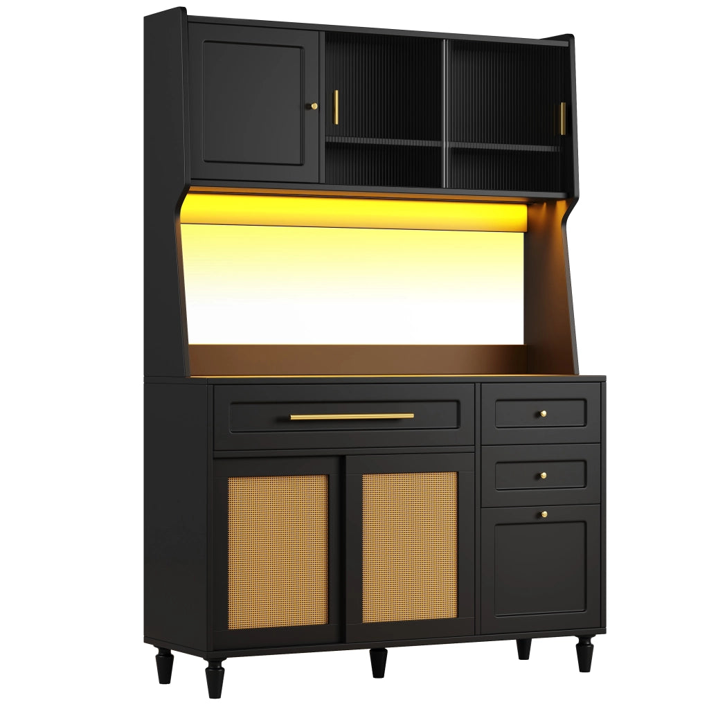 Credenza alta con LED, 3 cassetti e ripiani regolabili 120x45x195,5 cm nera