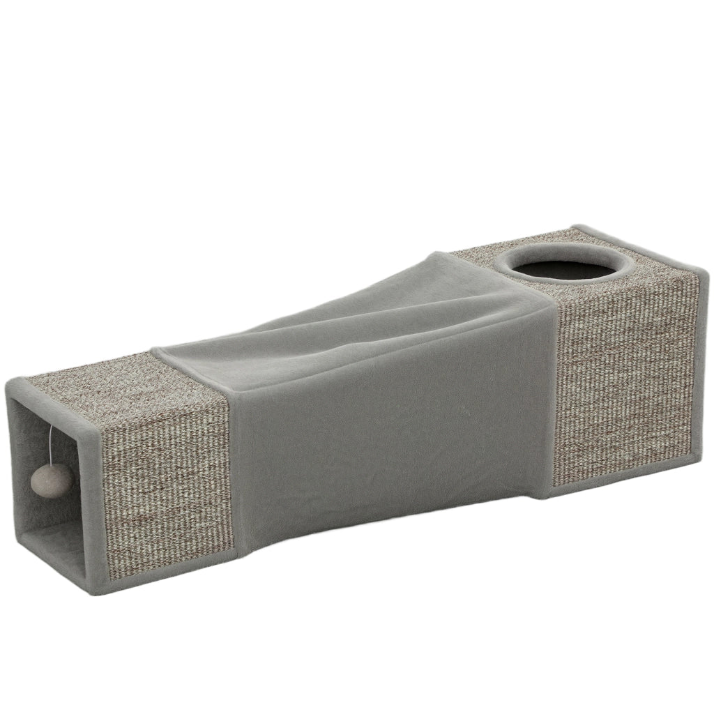 Tunnel per gatti con 2 cucce, superfici tiragraffi e gioco con palla ¨C Xylo ¨C 98x30x30 cm, Marrone e Grigio