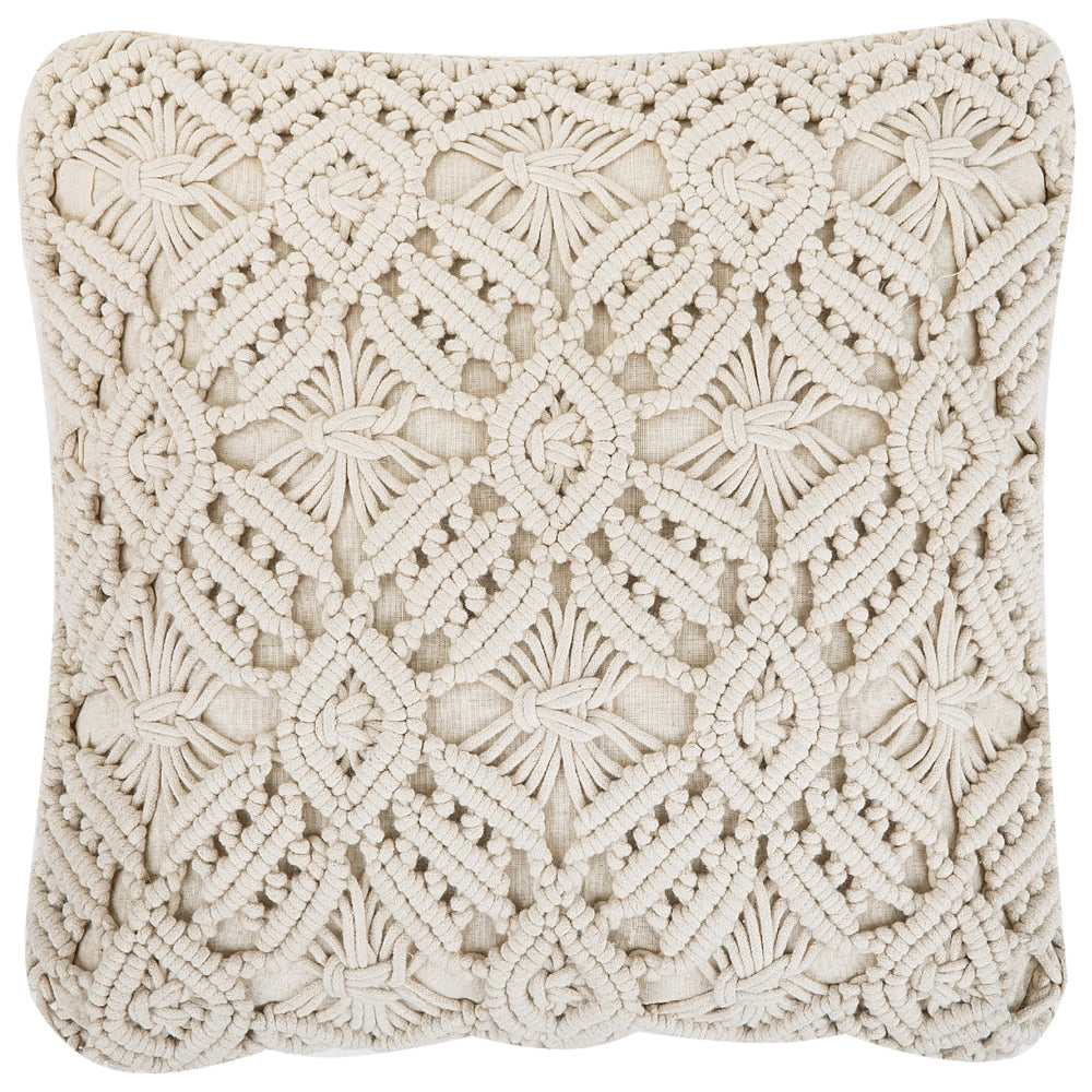 Cuscino Decorativo Beige Cotone Macramé 50 x 50 cm Corda Boho Retro Decor Accessori